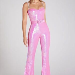 Barbie Pink Sequin Wide-Leg Jumpsuit | Diamanté Straps | Glam Statement
